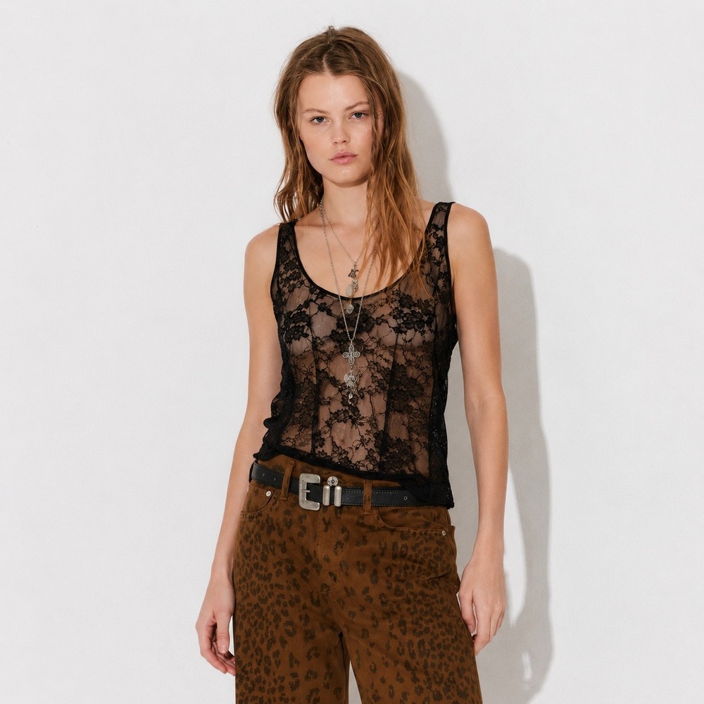 Wet Seal Floral Lace Tank Top Cami Womens XL Black Sheer Y2K Goth Punk Grunge